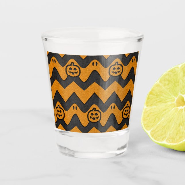 Halloween Chevron Pattern with Ghosts and Pumpkins Shot Glass (Front)