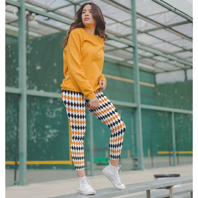 Halloween Chic Orange White Black Diamond Pattern Leggings (Halloween Chic Orange White Black Diamond Pattern Leggings)