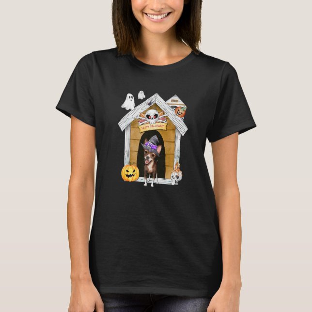 Halloween Chihuahua Dog Witch Haunted House T-Shirt (Front)