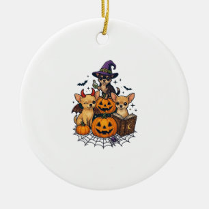 Halloween Chihuahua Dogs Pumpkins Witch Hat Spell Ceramic Ornament