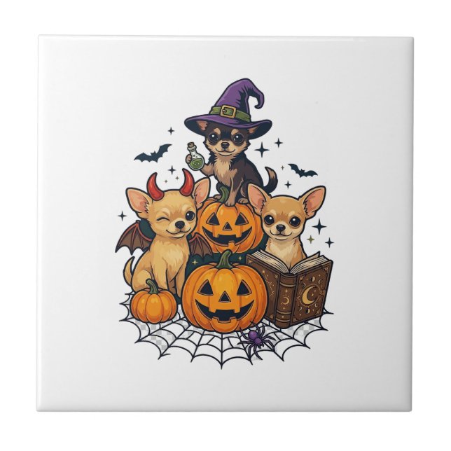 Halloween Chihuahua Dogs Pumpkins Witch Hat Spell  Ceramic Tile (Front)
