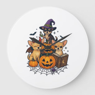 Halloween Chihuahua Dogs Pumpkins Witch Hat Spell  Large Clock