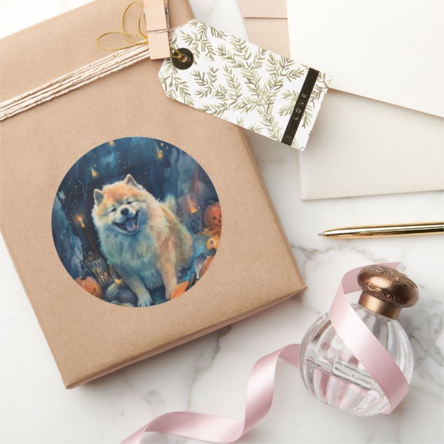 Halloween Chow Chow With Pumpkins Scary  Classic Round Sticker (Gifting)