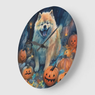 Halloween Chow Chow With Pumpkins Scary  Large Clock