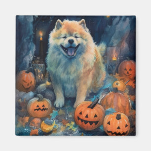 Halloween Chow Chow With Pumpkins Scary Magnet