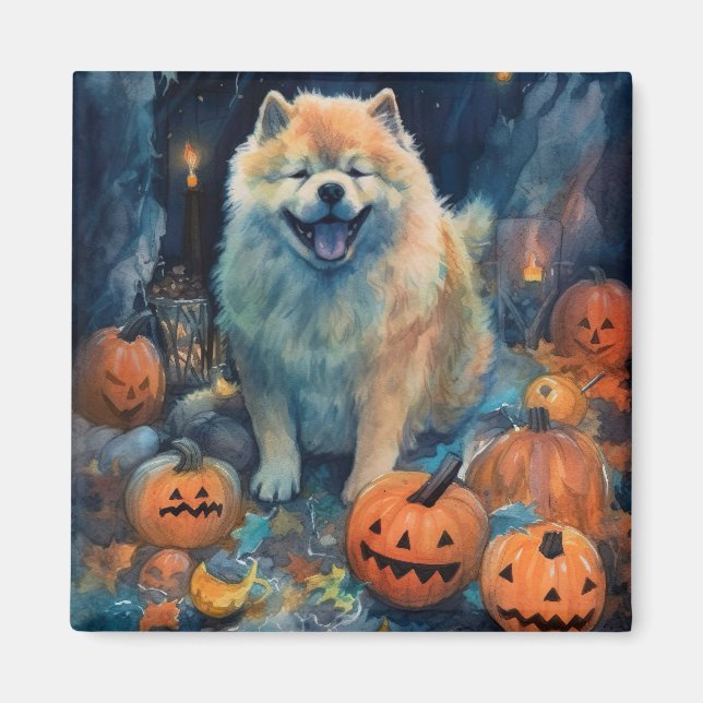 Halloween Chow Chow With Pumpkins Scary  Magnet (Front)