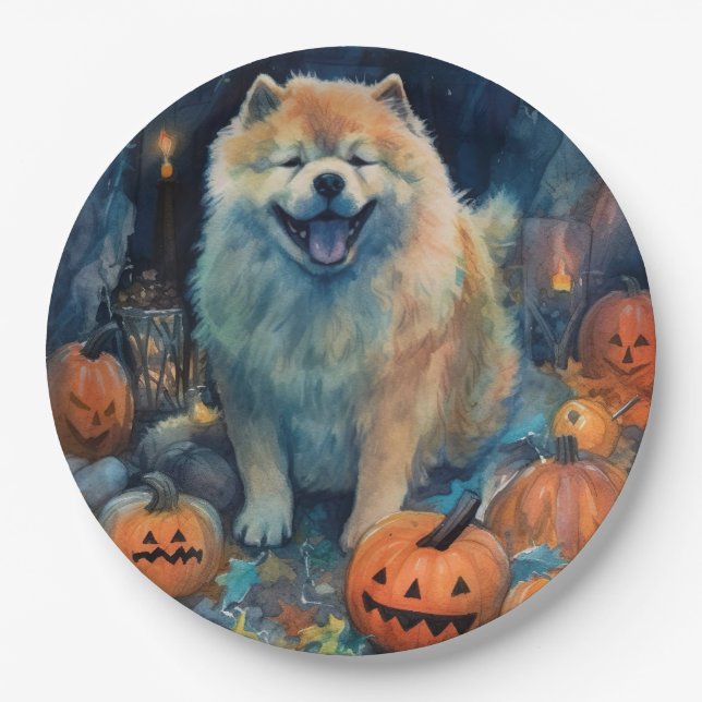 Halloween Chow Chow With Pumpkins Scary  Paper Plate (Front)
