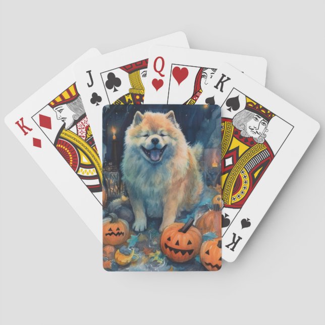 Halloween Chow Chow With Pumpkins Scary  Playing Cards (Back)