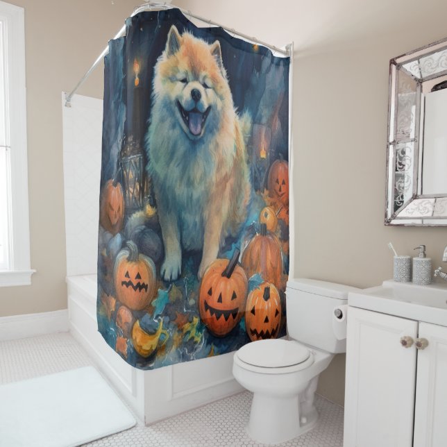 Halloween Chow Chow With Pumpkins Scary  Shower Curtain (In Situ)
