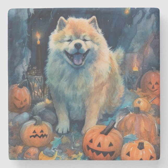 Halloween Chow Chow With Pumpkins Scary  Stone Coaster (Front)