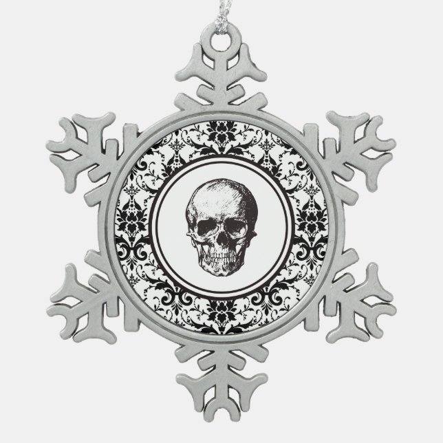 HALLOWEEN CHRISTMAS Black Damask Pattern Skull Snowflake Pewter Christmas Ornament (Front)