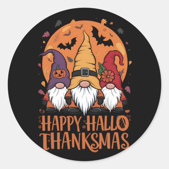 Halloween Christmas Happy HalloThanksMas Gnomes Classic Round Sticker (Front)