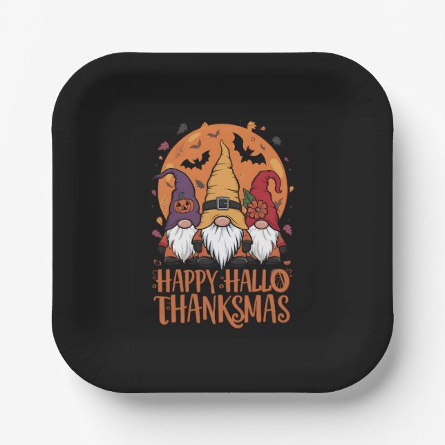 Halloween Christmas Happy HalloThanksMas Gnomes Paper Plate (Front)