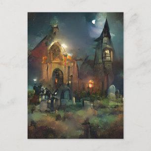 Halloween Church, Moonlight, Horror Cemetery Postcard