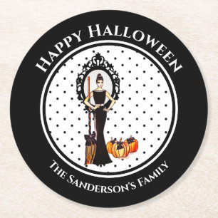 Halloween Classic Elegant Black Dress Polka Dots Round Paper Coaster