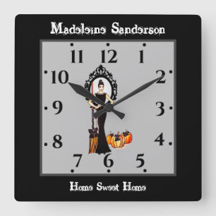 Halloween Classic Elegant Witch Black Dress Square Wall Clock
