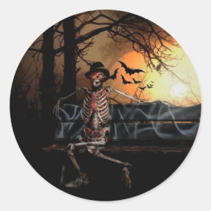 Halloween Classic Round Sticker/Skeleton and Bats Classic Round Sticker