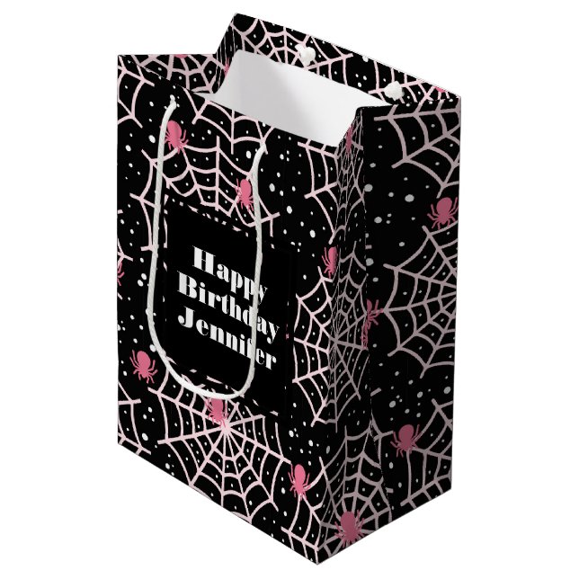Halloween Cobwebs & Spiders Pattern Birthday Medium Gift Bag (Front Angled)