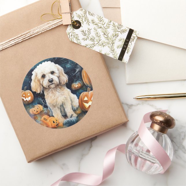 Halloween Cockapoo With Pumpkins Scary  Classic Round Sticker (Gifting)