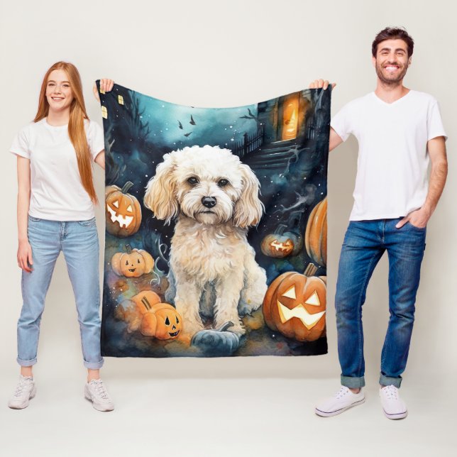 Halloween Cockapoo With Pumpkins Scary  Fleece Blanket (In Situ)