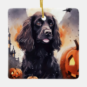 Halloween Cocker Spaniel With Pumpkins Ceramic Ornament