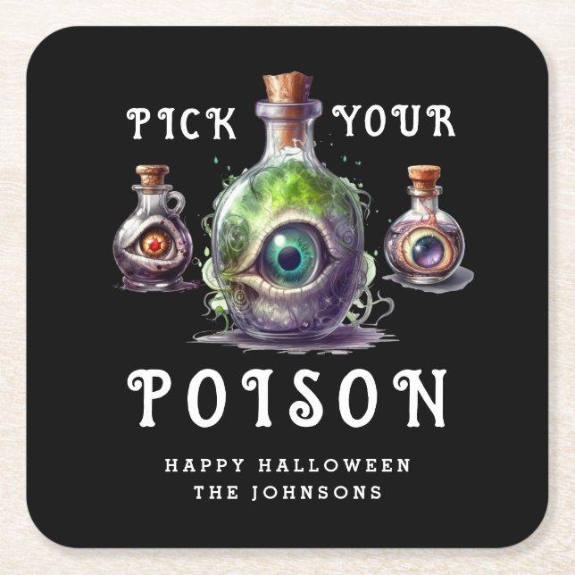 Halloween Cocktail Party Pick Your Poison Square Paper Coaster (Front)