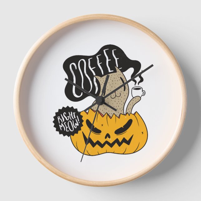 Halloween Coffee Cat - Cute Halloween Cat Drinking Clock (Front)