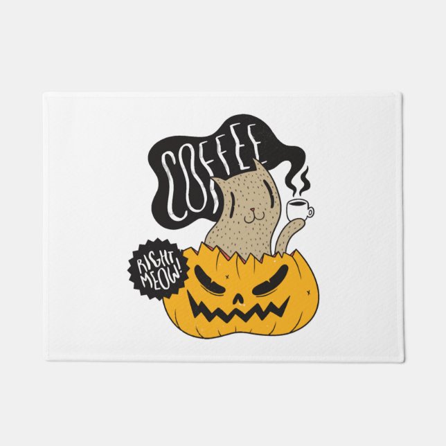 Halloween Coffee Cat - Cute Halloween Cat Drinking Doormat (Front)