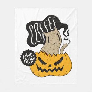 Halloween Coffee Cat - Cute Halloween Cat Drinking Fleece Blanket