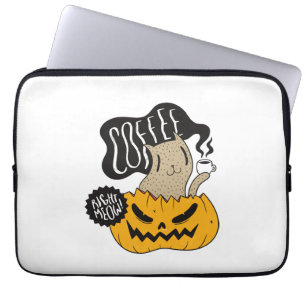 Halloween Coffee Cat - Cute Halloween Cat Drinking Laptop Sleeve