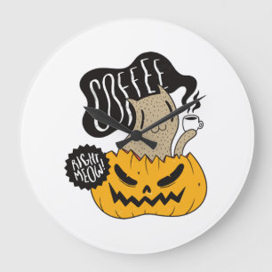 Halloween Coffee Cat - Cute Halloween Cat Drinking Large Clock