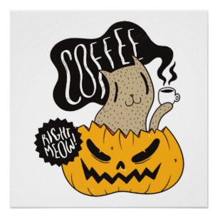 Halloween Coffee Cat - Cute Halloween Cat Drinking Poster