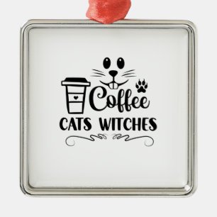 Halloween Coffee Cats Witches Birthday Metal Ornament