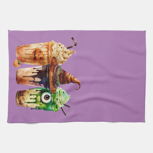 Halloween Coffee Drink Watercolor Trio Tea Towel (Horizontal)