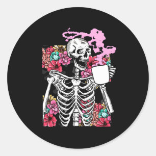 Halloween Coffee Drinking Skeleton Skull Classic Round Sticker