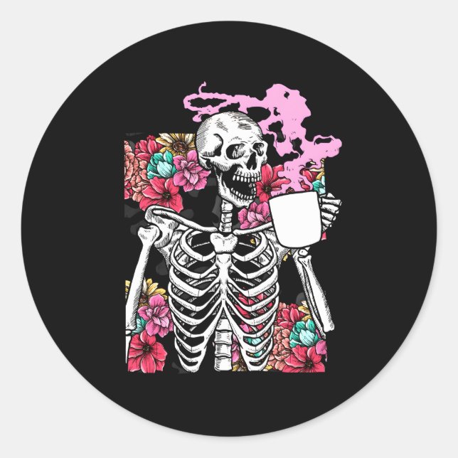 Halloween Coffee Drinking Skeleton Skull Classic Round Sticker (Front)