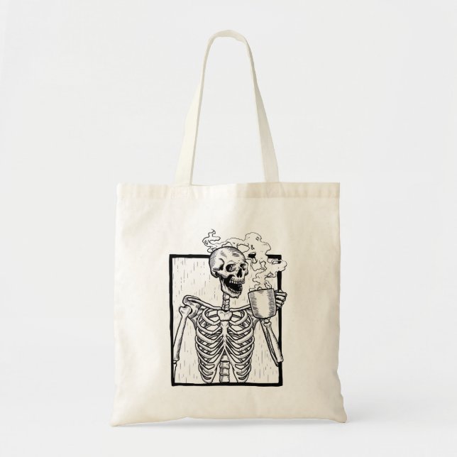halloween coffee drinking skeleton tote bag (Front)