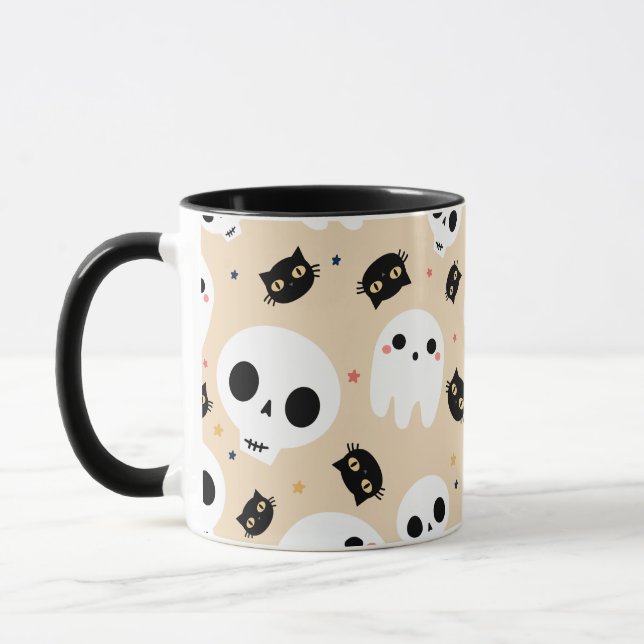 Halloween Coffee Mug With Skull Ghost And Cat (Left)