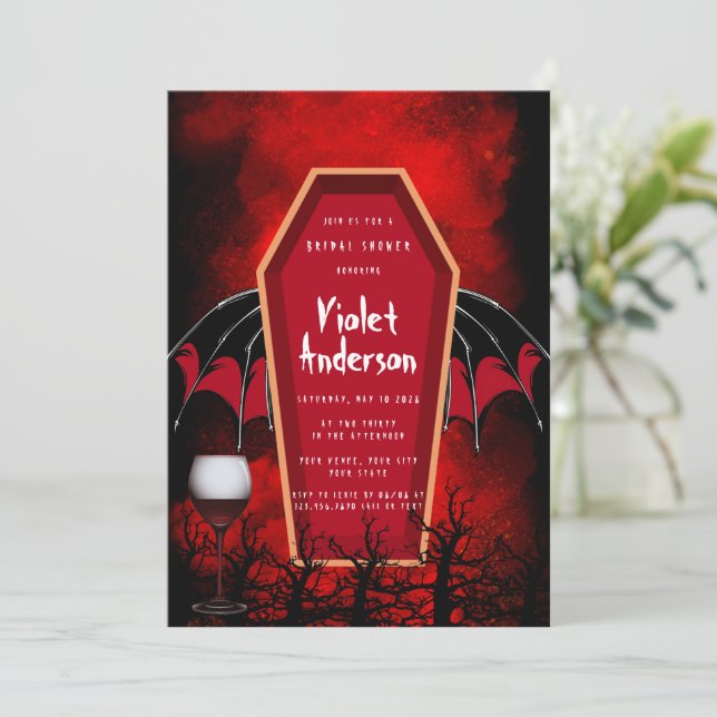 Halloween Coffin and Bat Wings Bridal Shower Invitation (Standing Front)