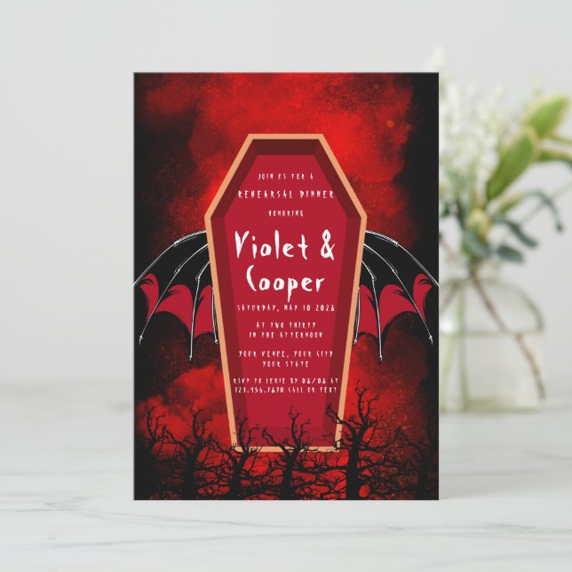 Halloween Coffin and Bat Wings Rehearsal Dinner Invitation (Standing Front)