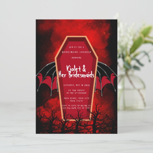 Halloween Coffin Bat Wings Bridesmaides Luncheon  Invitation (Standing Front)