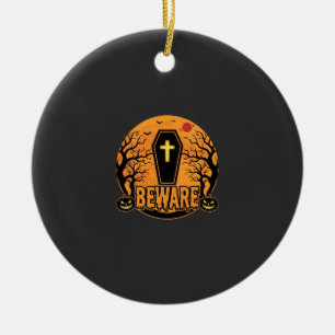 Halloween Coffin Beware Pumpkin Horror Design_1 Ceramic Ornament