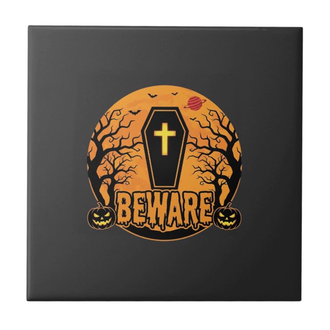 Halloween Coffin Beware Pumpkin Horror Design_1 Ceramic Tile (Front)