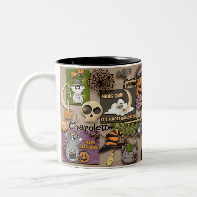 Halloween Collage Add Name Witch Bat Pumpkin Two-Tone Coffee Mug (Left)