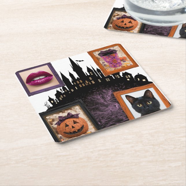 Halloween Collage Soft white Square Paper Coaster (Angled)