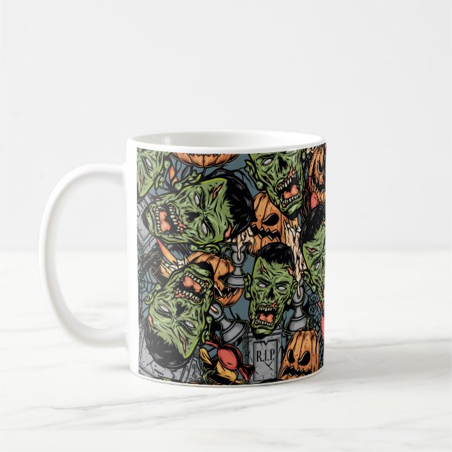 Halloween colourful elements seamless pattern with coffee mug (Left)