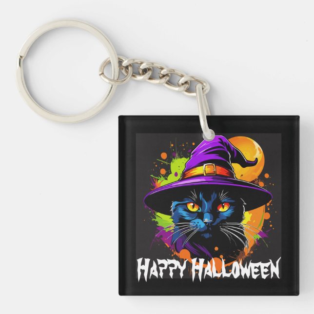 Halloween Colourful Majestic Black Cat  Key Ring (Front)