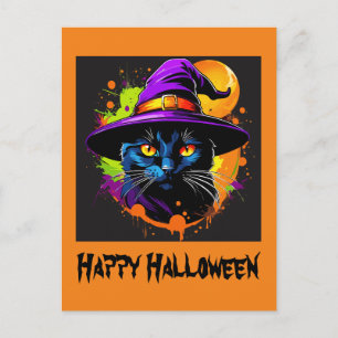 Halloween Colourful Majestic Black Cat  Postcard