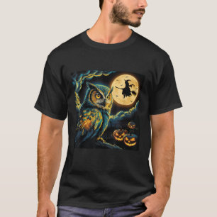 Halloween Colourful Owl Van Gogh Starry Night Witc T-Shirt