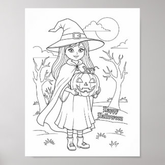 Halloween Colouring Page - A Girl with Pumpkin Poster